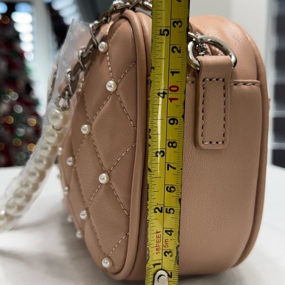 Badgley Mischka Elegant Quilted Pearl-Studded Crossbody Bag - Beige - Picture 4 of 7